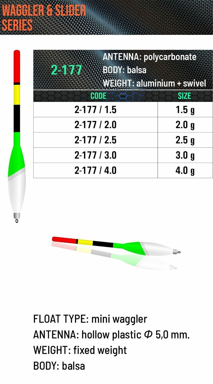 SENSOR FLOATS 2-177 mini waggler with elongated white and fluorescent green balsa body, 5 mm hollow multicolor antenna and aluminum swivel fitting