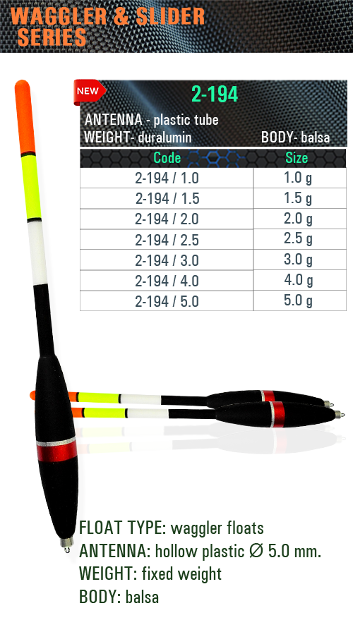 SENSOR FLOATS 2-194 weighted balsa waggler with black body, red and silver decorative bands, 5 mm hollow multicolor plastic antenna, fixed duralumin weight and grammage chart