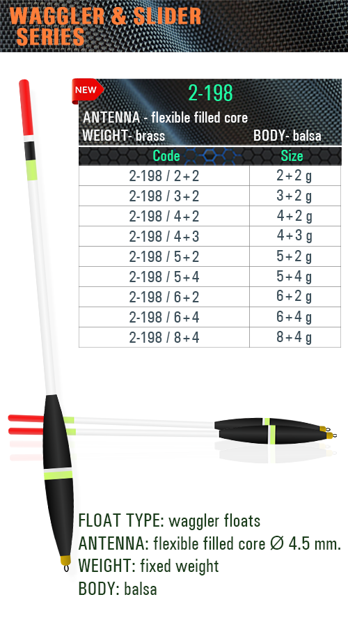 SENSOR FLOATS 2-198 weighted balsa waggler with slender black body, fluorescent green and white band, 4.5 mm flexible filled-core antenna, fixed brass weight and grammage chart