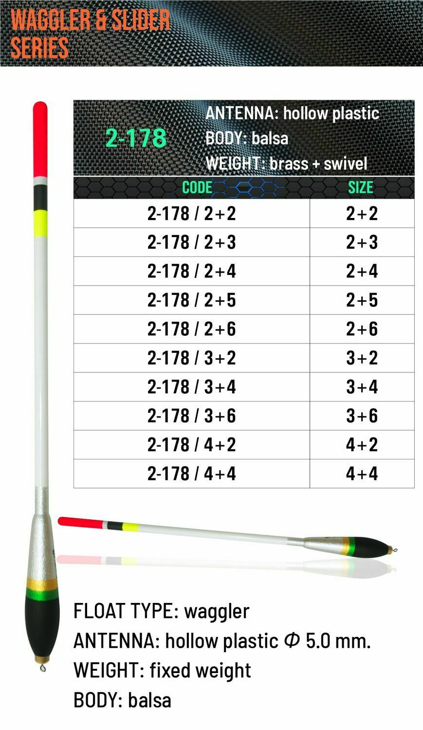 SENSOR FLOATS 2-178 weighted balsa waggler fishing float with 5 mm hollow plastic antenna, fixed brass weight and available grammages