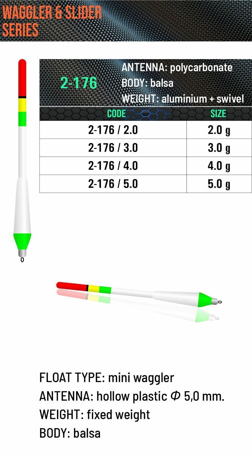 SENSOR FLOATS 2-176 slender mini waggler with tapered white balsa body, fluorescent green base, 5 mm hollow antenna and aluminum swivel fitting