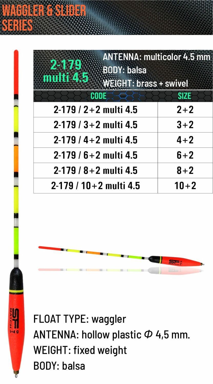 SENSOR FLOATS 2-179 weighted balsa waggler with red and black body, 4.5 mm hollow multicolor antenna, brass weight, swivel fitting and size chart
