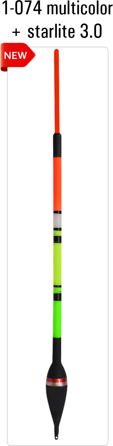 SF 1-074 multicolor + starlite 3.0 mm. - Lake and river float model and table containing an additional information about this float with different codes, sizes, types of the body, the stem and the antenna of the float.