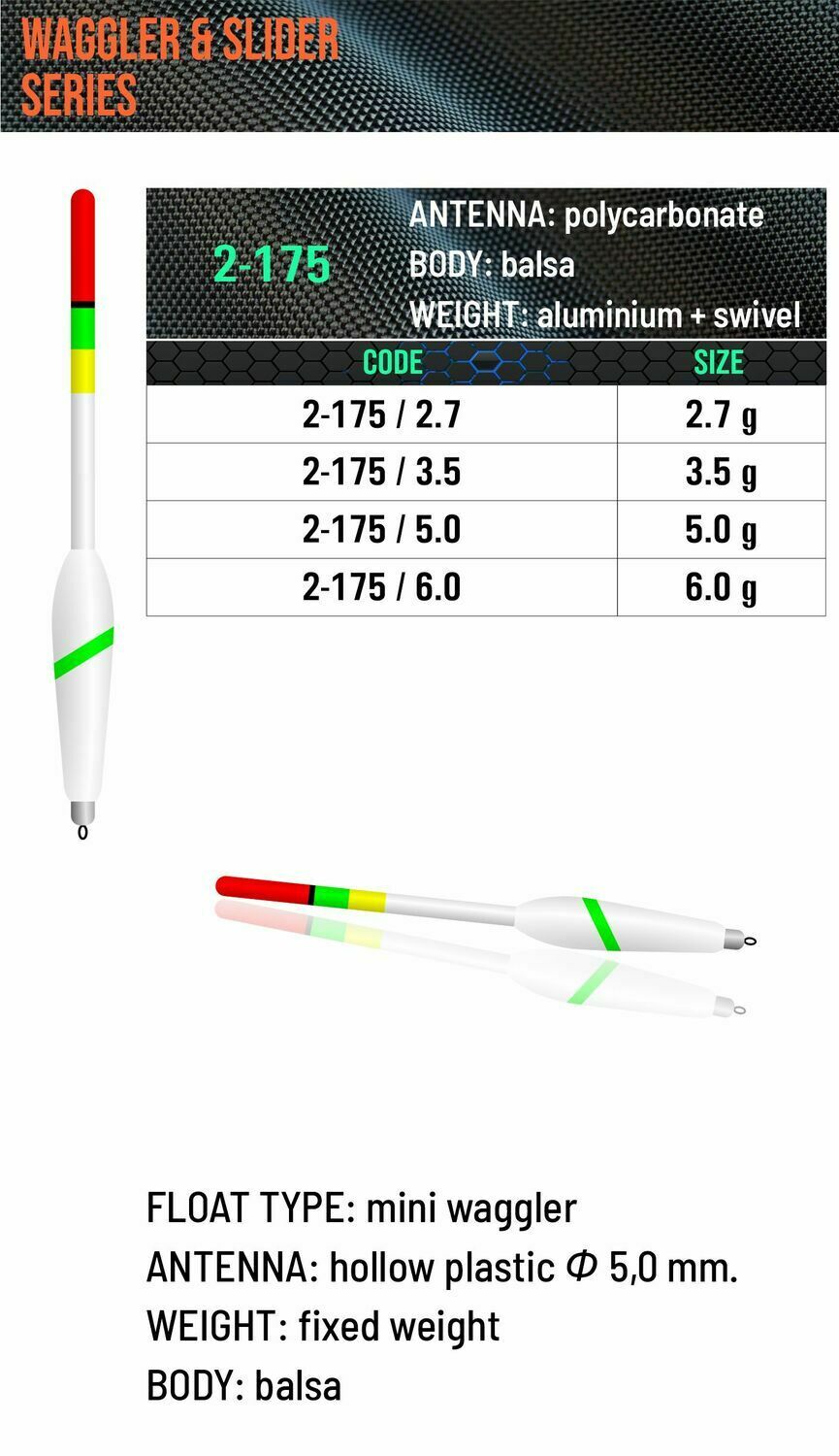 SENSOR FLOATS 2-175 slim mini waggler with white balsa body, fluorescent green stripe, 5 mm hollow plastic antenna and aluminum swivel fitting
