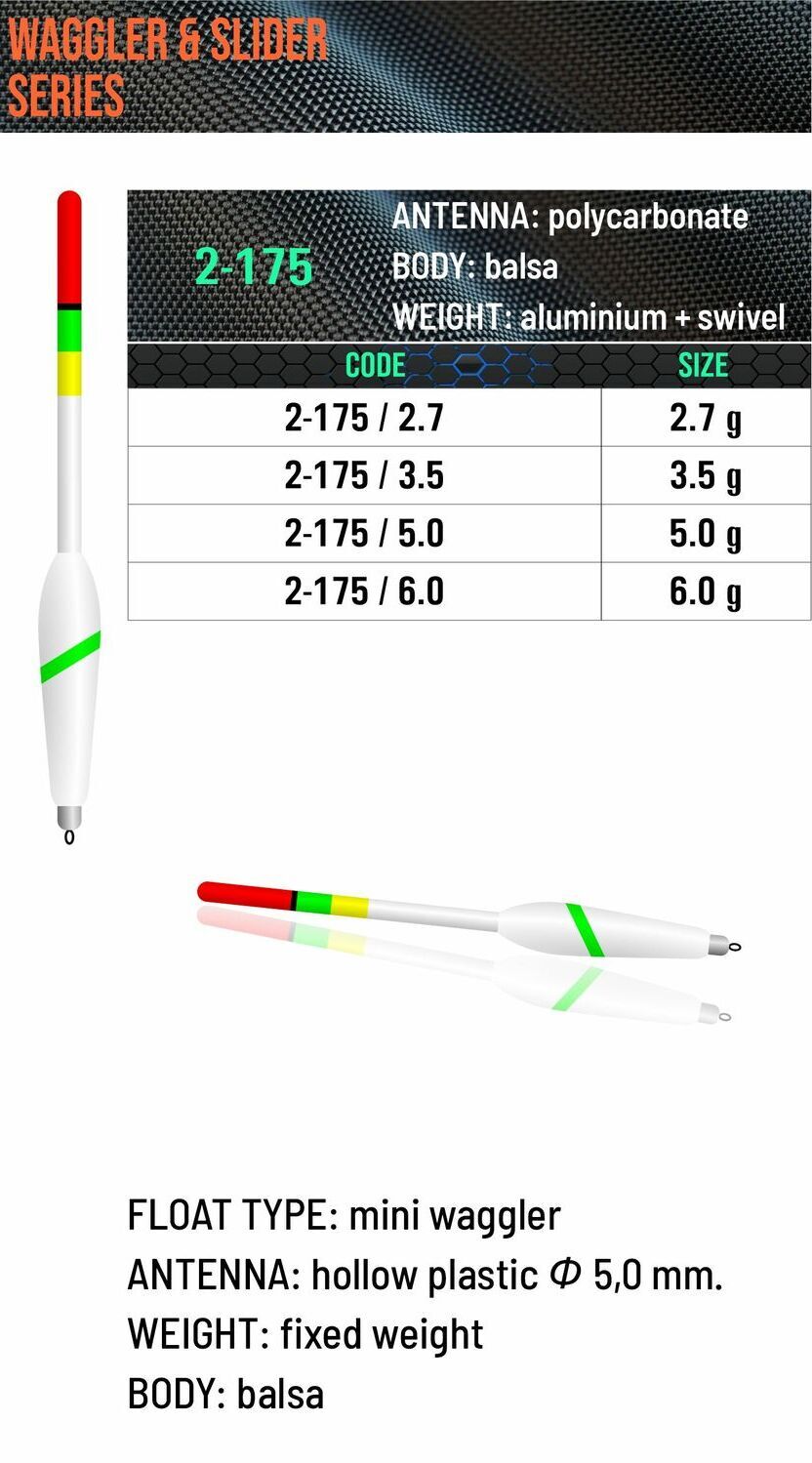 SENSOR FLOATS 2-175 slim mini waggler with white balsa body, fluorescent green stripe, 5 mm hollow plastic antenna and aluminum swivel fitting