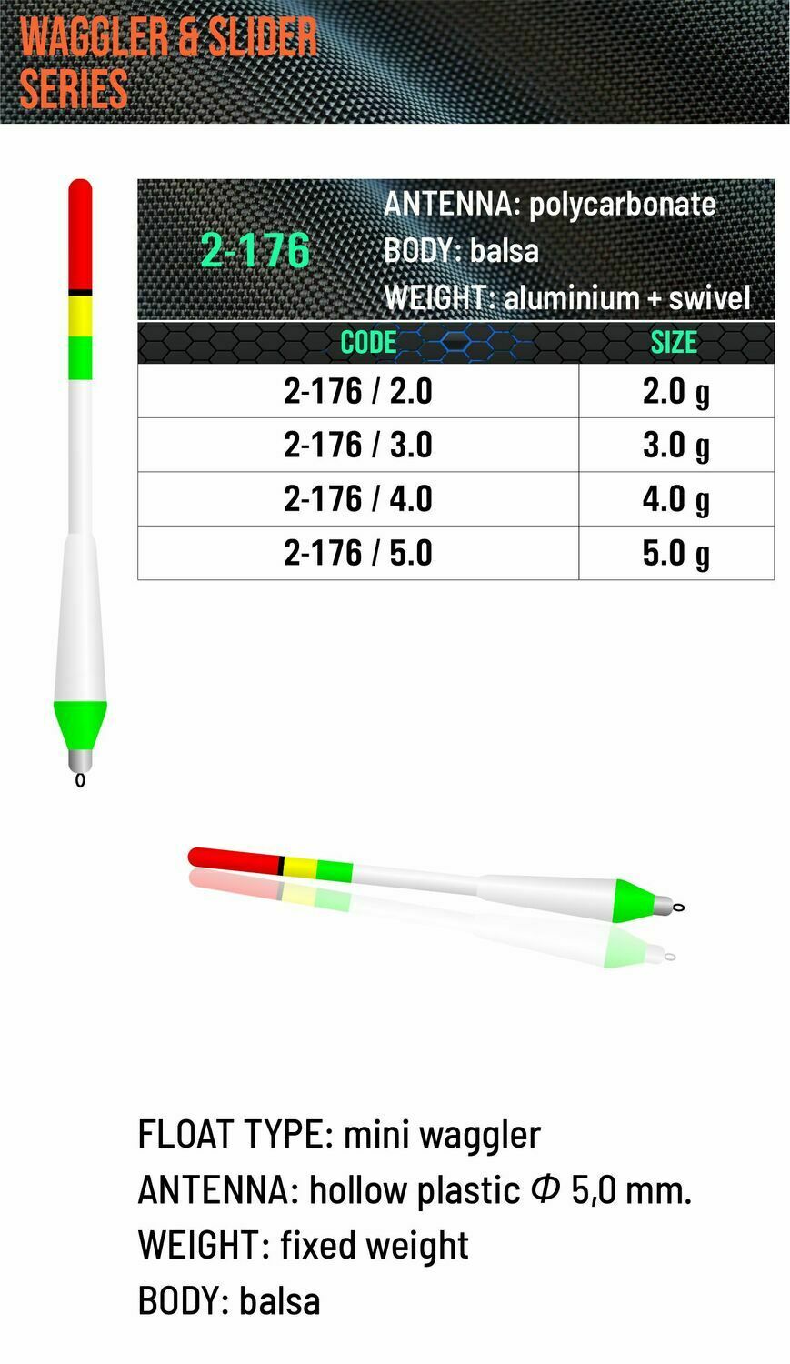 SENSOR FLOATS 2-176 slender mini waggler with tapered white balsa body, fluorescent green base, 5 mm hollow antenna and aluminum swivel fitting