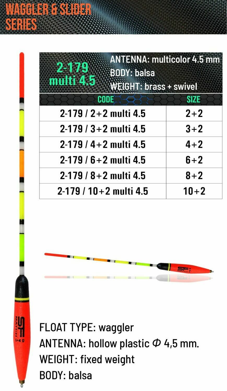 SENSOR FLOATS 2-179 weighted balsa waggler with red and black body, 4.5 mm hollow multicolor antenna, brass weight, swivel fitting and size chart