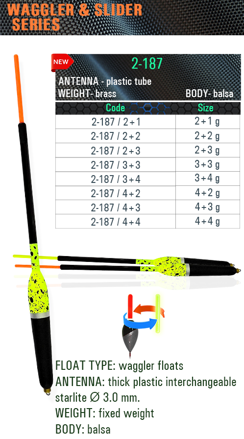 SENSOR FLOATS 2-187 black and fluorescent yellow balsa waggler with interchangeable plastic antenna, 3 mm Starlight compatibility and fixed brass weight