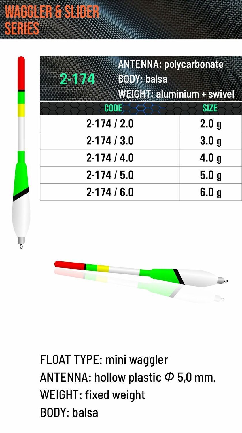 SENSOR FLOATS 2-174 mini waggler with green and white balsa body, 5 mm hollow multicolor antenna, aluminum swivel fitting and grammage chart