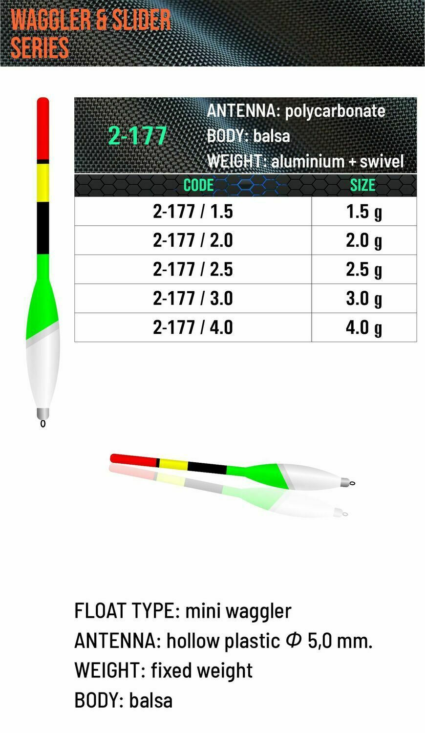 SENSOR FLOATS 2-177 mini waggler with elongated white and fluorescent green balsa body, 5 mm hollow multicolor antenna and aluminum swivel fitting