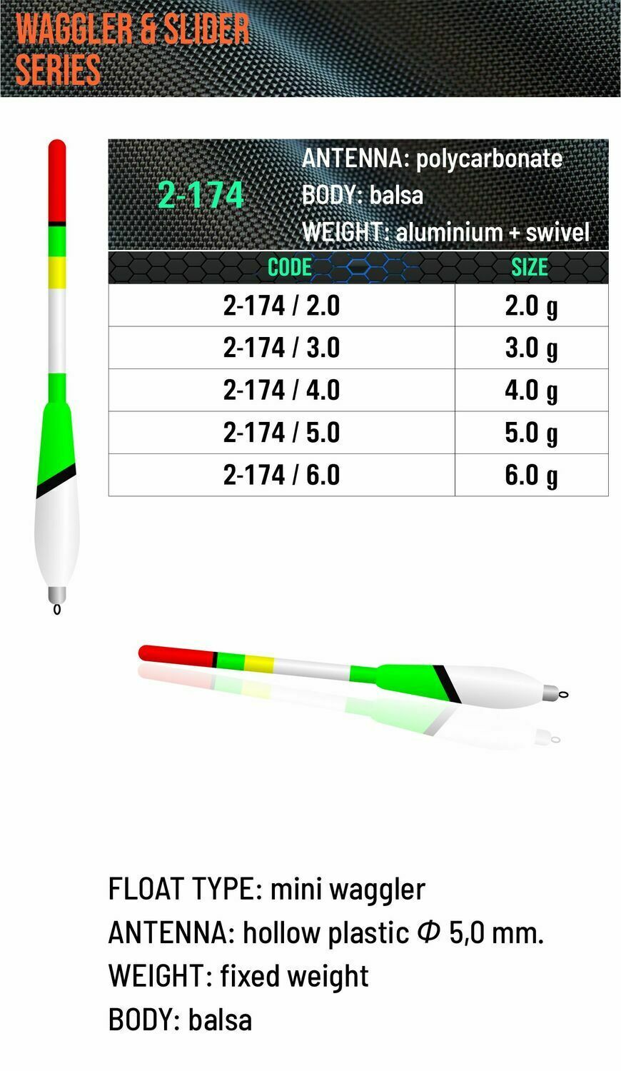 SENSOR FLOATS 2-174 mini waggler with green and white balsa body, 5 mm hollow multicolor antenna, aluminum swivel fitting and grammage chart