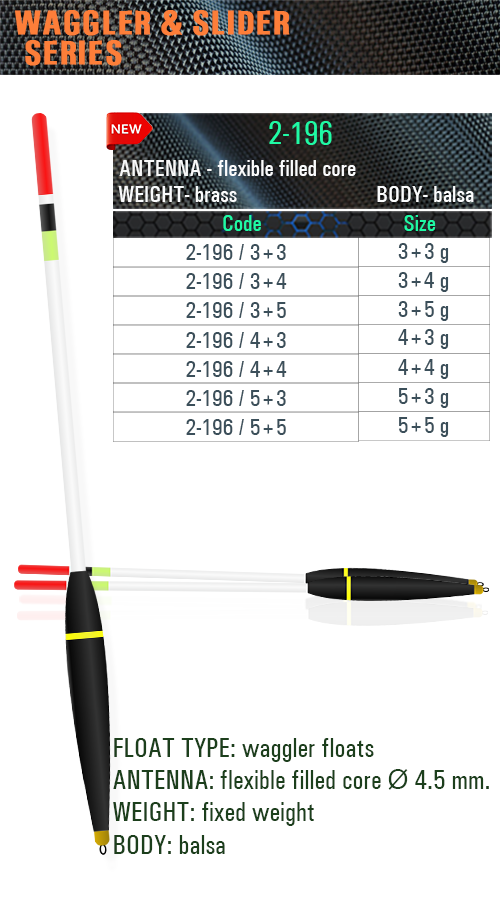 SENSOR FLOATS 2-196 weighted balsa waggler with elongated black body, yellow decorative band, 4.5 mm flexible filled-core antenna, fixed brass weight and grammage chart