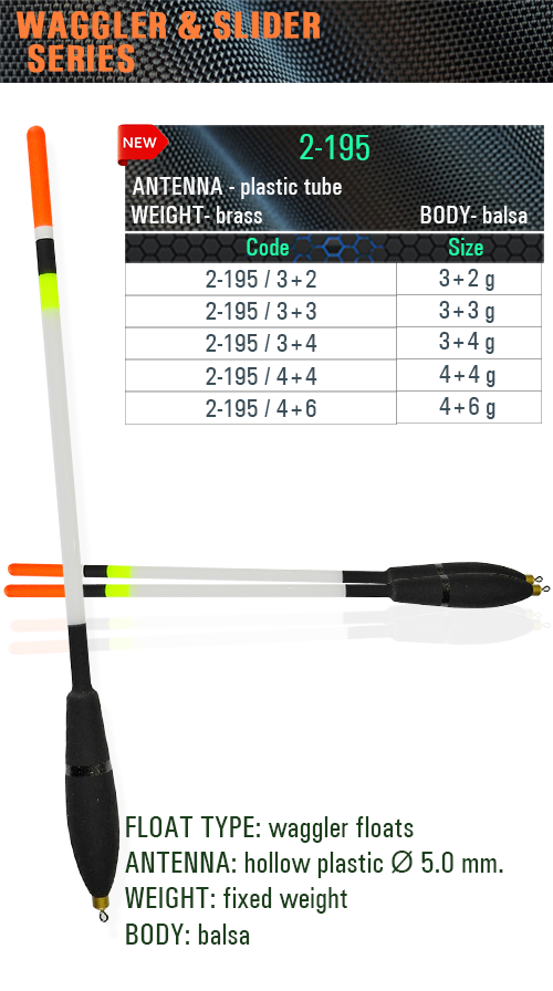 SENSOR FLOATS 2-195 weighted balsa waggler with streamlined black body, 5 mm hollow plastic antenna with orange and fluorescent green markings, fixed brass weight and size chart