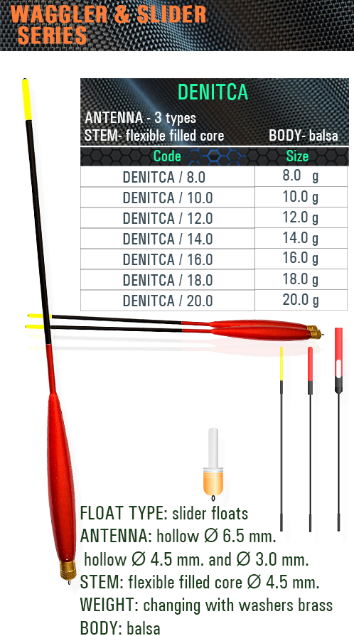 SENSOR FLOATS Denitca red balsa slider float with flexible 4.5 mm stem, three interchangeable antenna options, adjustable brass washers and grammage chart