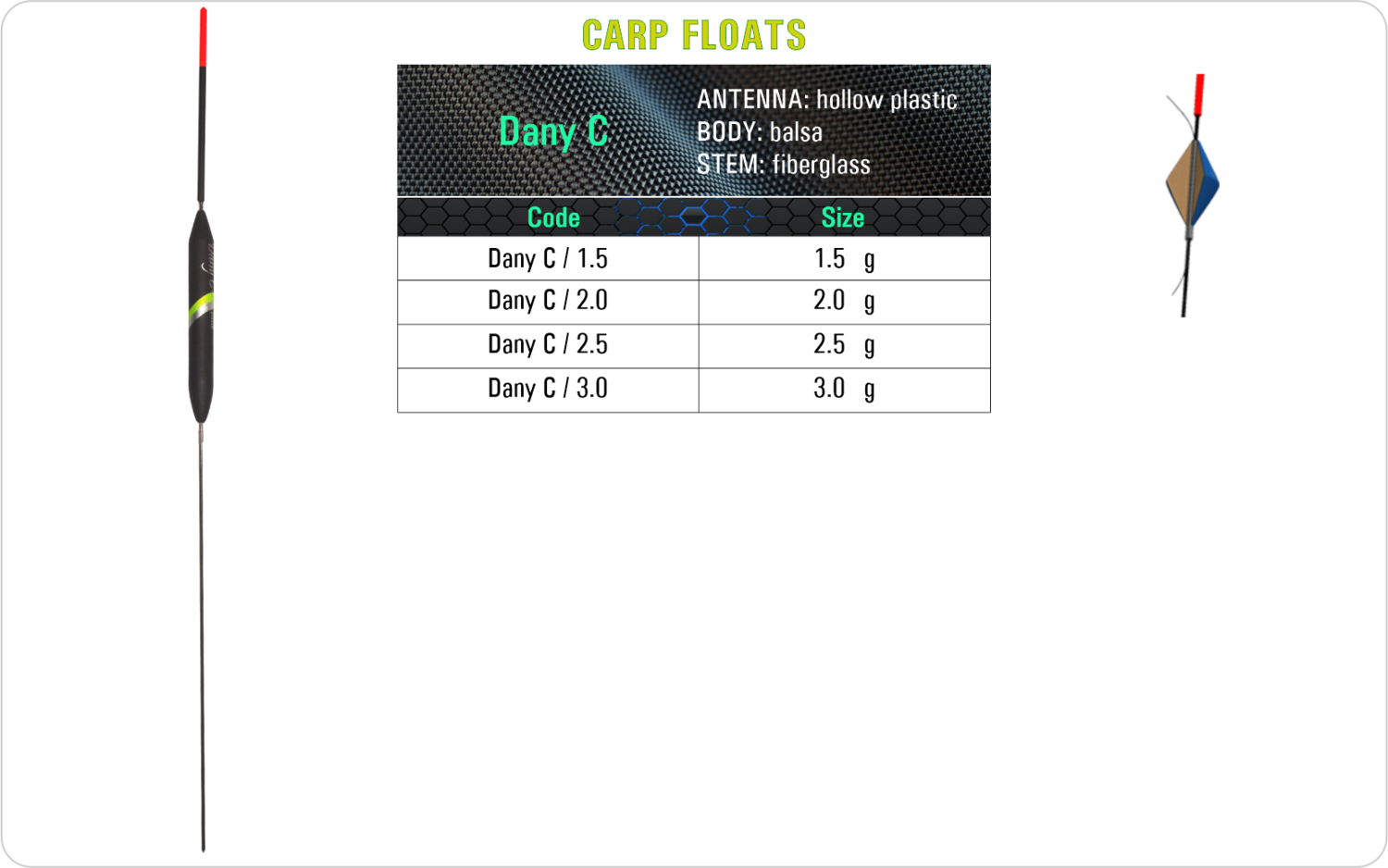 SF Dany C Carp float model and table containing an additional information about this float with different codes, sizes, types of the body, the stem and the antenna of the float.