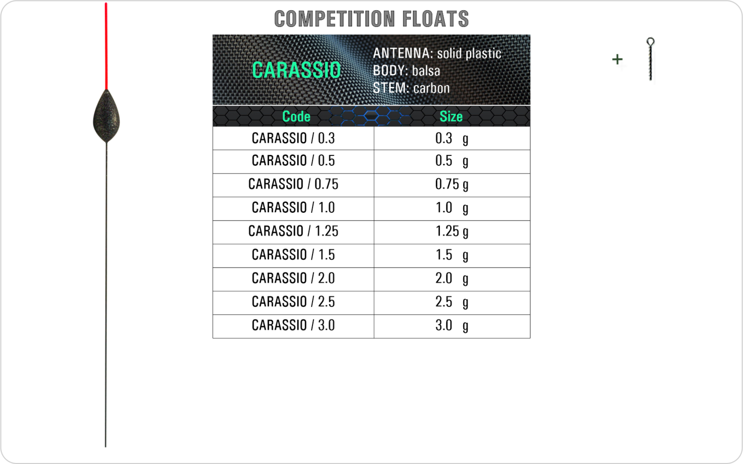 CARASSIO Competition float model and table containing an additional information about this float with different codes, sizes, types of the body, the stem and the antenna of the float.