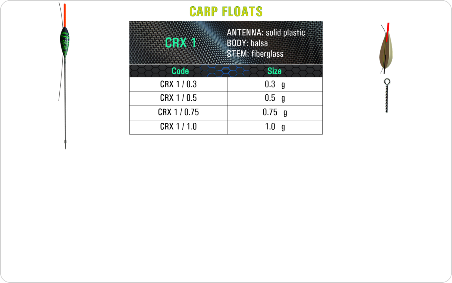 SF CRX 1 Carp float model and table containing an additional information about this float with different codes, sizes, types of the body, the stem and the antenna of the float.