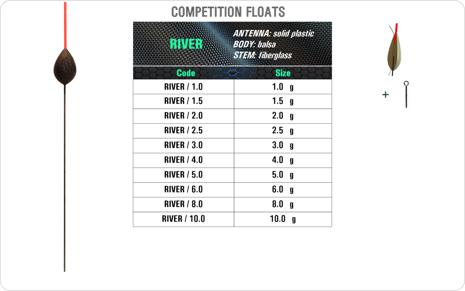 Competition inline float model RIVER with balsa body, fiberglass stem, and solid plastic antenna