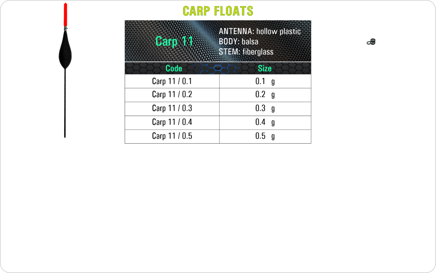 SF Carp 11 Carp float model and table containing an additional information about this float with different codes, sizes, types of the body, the stem and the antenna of the float.