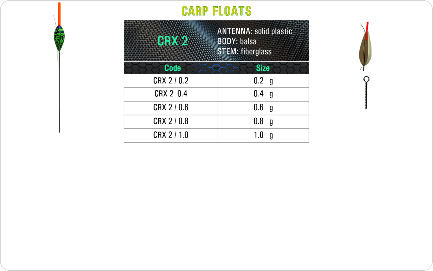 SF CRX 2 Carp float model and table containing an additional information about this float with different codes, sizes, types of the body, the stem and the antenna of the float.
