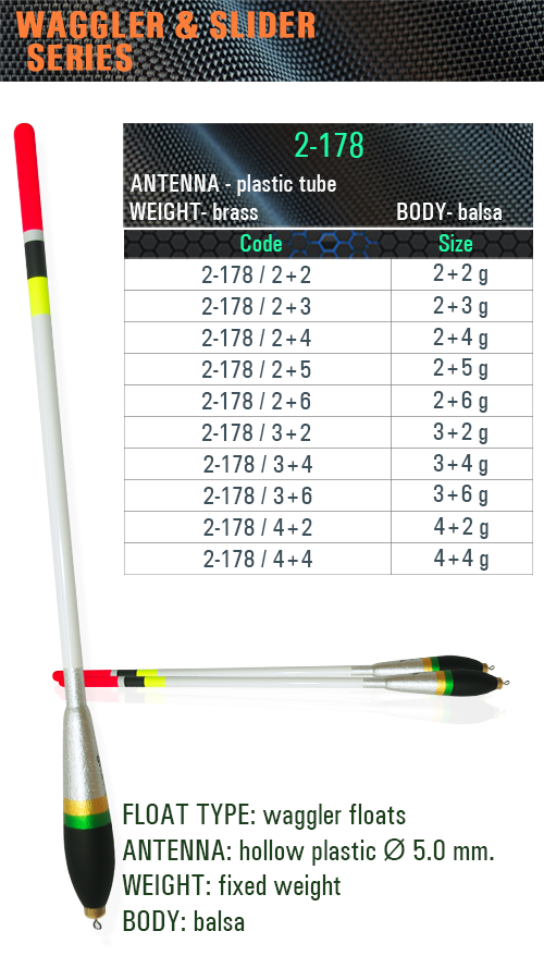 Waggler Float 2-178 – Balsa Body, Hollow Antenna and Brass Weight SENSOR FLOATS 2-178 weighted balsa waggler fishing float with 5 mm hollow multicolor antenna and fixed brass weight