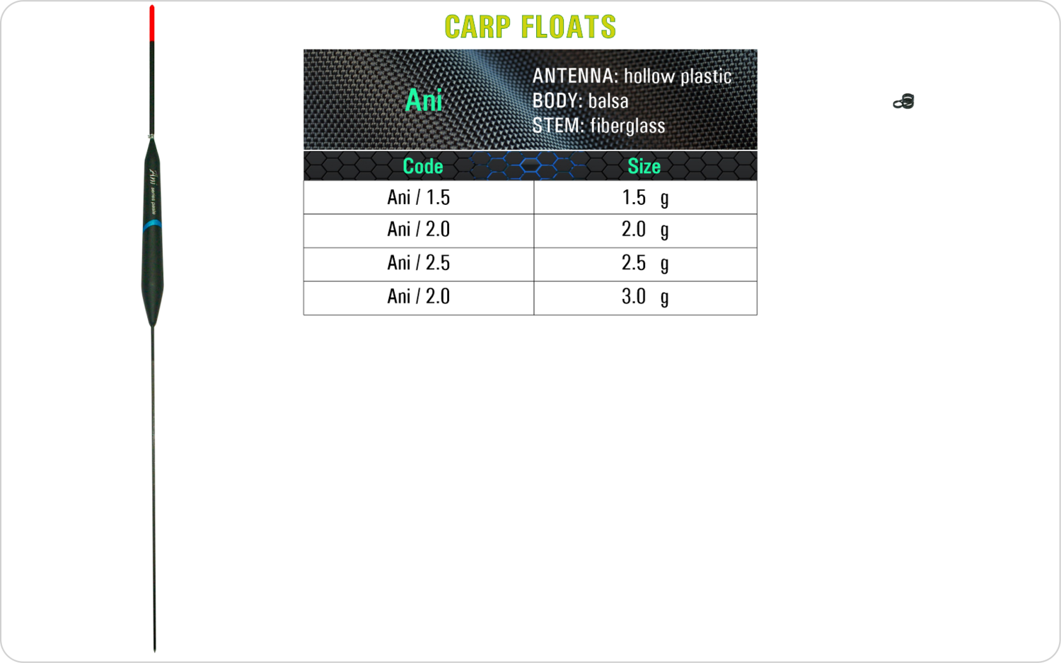 SF Ani Carp float model and table containing an additional information about this float with different codes, sizes, types of the body, the stem and the antenna of the float.