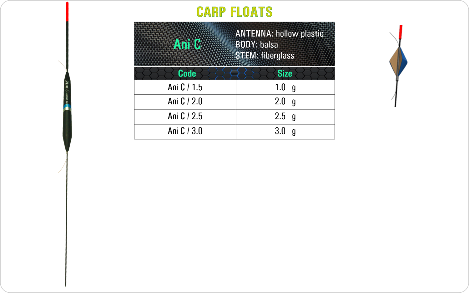 SF Ani C Carp float model and table containing an additional information about this float with different codes, sizes, types of the body, the stem and the antenna of the float.