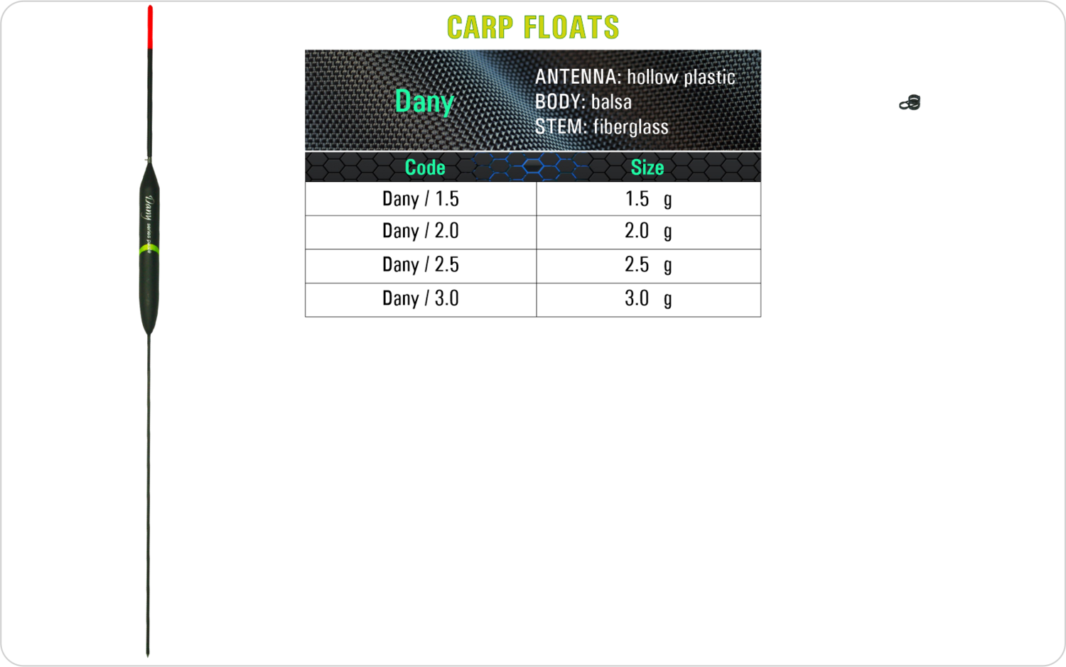 SF Dany Carp float model and table containing an additional information about this float with different codes, sizes, types of the body, the stem and the antenna of the float.