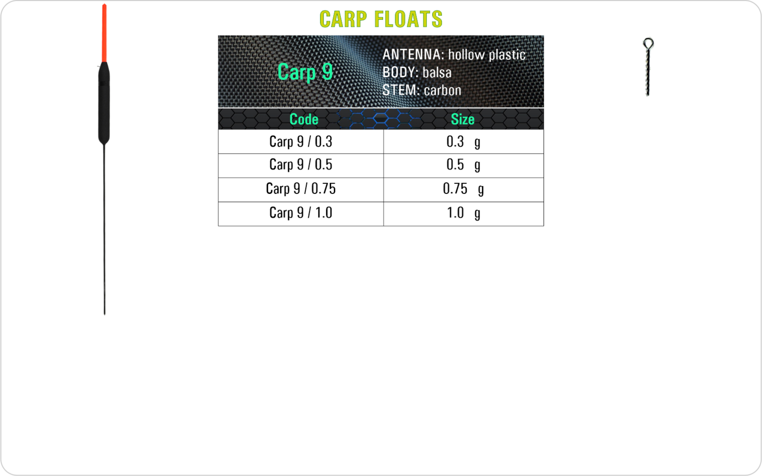 SF Carp 9 Carp float model and table containing an additional information about this float with different codes, sizes, types of the body, the stem and the antenna of the float.