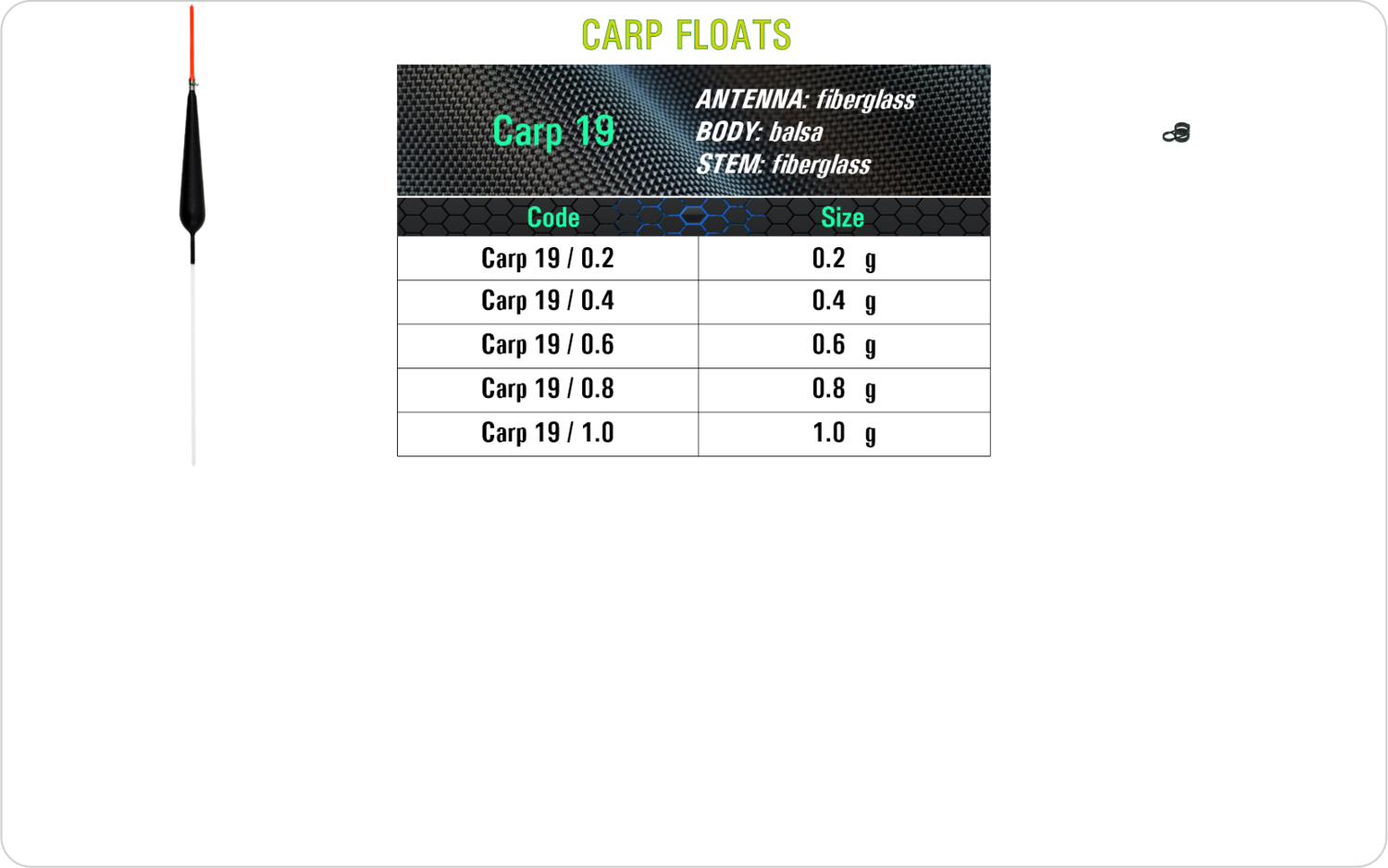 Carp 19 balsa fishing float with fiberglass antenna and fiberglass stem for precise carp fishing