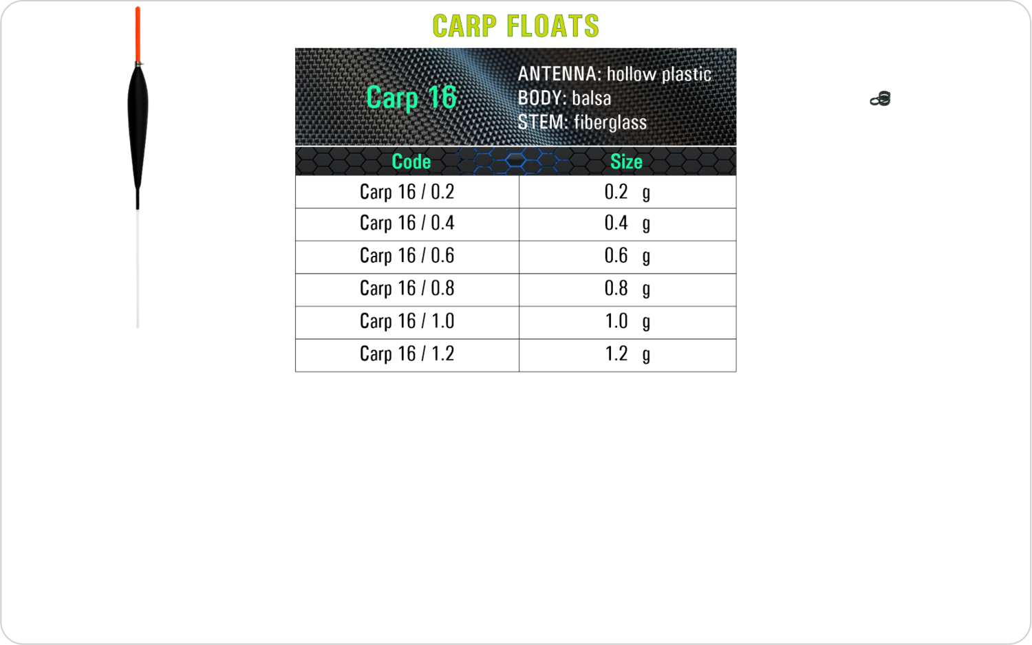 SF Carp 16 Carp float model and table containing an additional information about this float with different codes, sizes, types of the body, the stem and the antenna of the float.