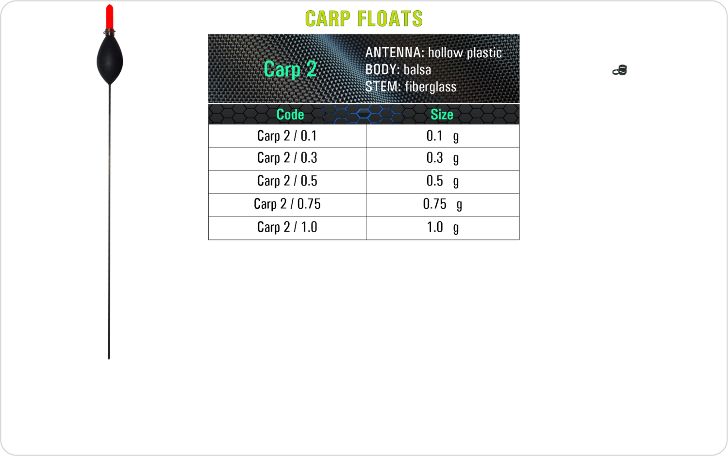 SF Carp 2 Carp float model and table containing an additional information about this float with different codes, sizes, types of the body, the stem and the antenna of the float.